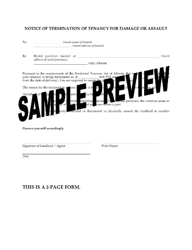 Alberta Notice of Termination of tenancy for damage or assault