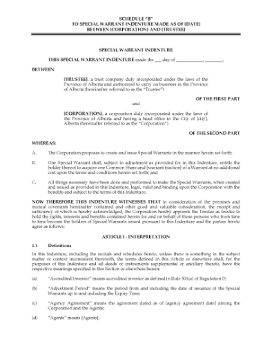 Picture of Alberta Special Warrant Indenture Package