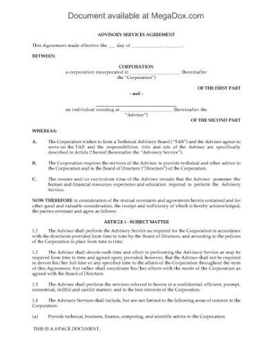 Picture of Technical Advisor Services Agreement