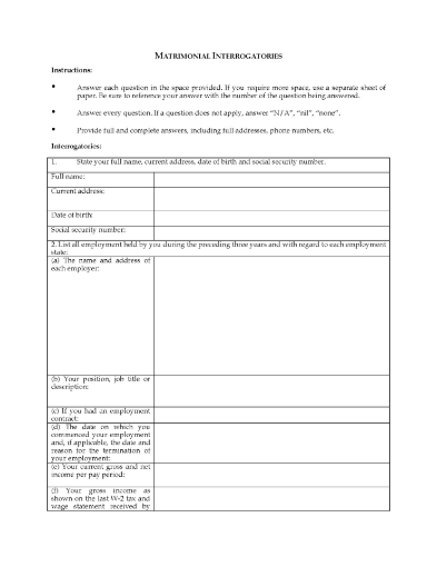 Illinois Matrimonial Interrogatories Questionnaire