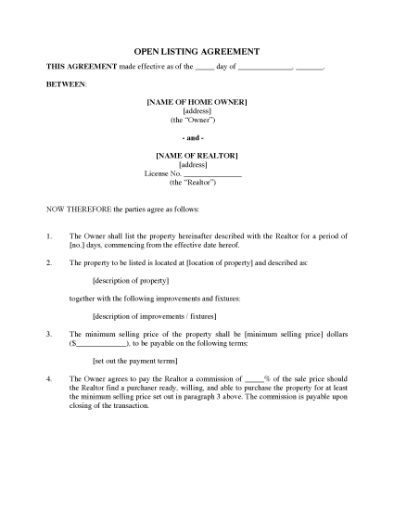 Picture of Open Listing Agreement for Real Estate Property