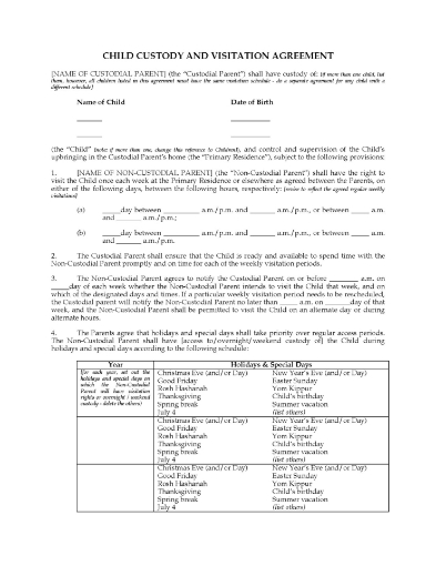 USA Child Custody and Visitation Agreement between Parents