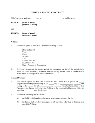 Picture of Vehicle Rental Contract for Private Rentals