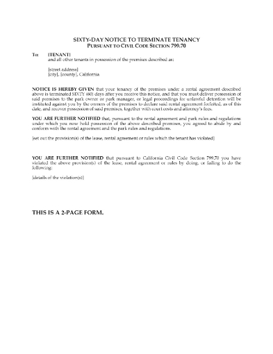 California 60-day Notice to Terminate Mobile Home Tenancy