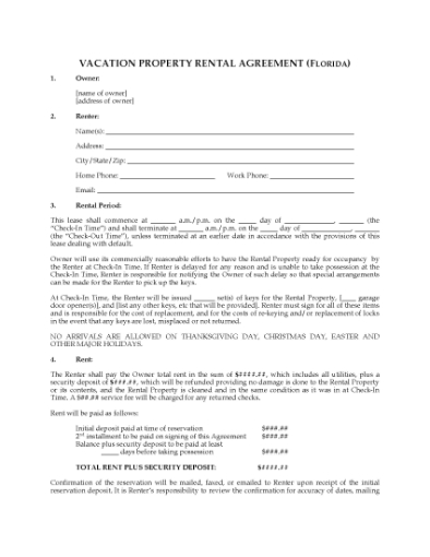 Picture of Florida Vacation Property Short-Term Rental Agreement