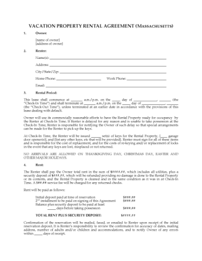 Picture of Massachusetts Vacation Property Short-Term Rental Agreement