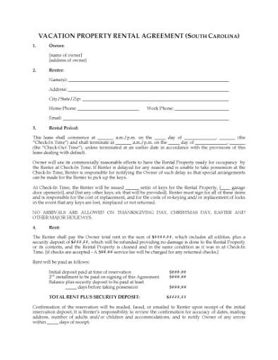 Picture of South Carolina Vacation Property Short-Term Rental Agreement