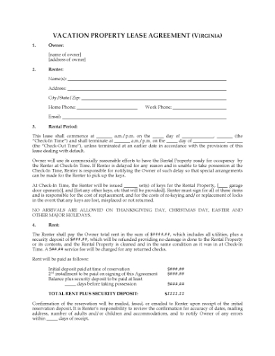 Picture of Virginia Vacation Property Short-Term Rental Agreement