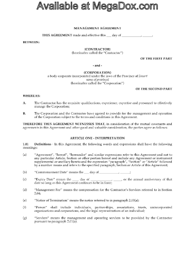 Canada Agreement to Manage Business