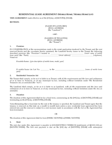 Picture of Nunavut Lease Agreement for Mobile Home