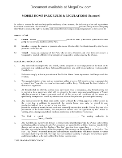 Picture of Florida Mobile Home Park Rules and Regulations