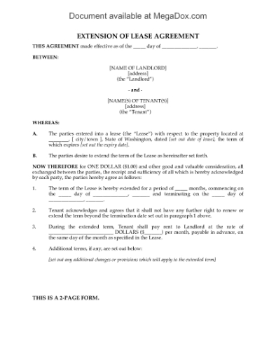 Picture of Washington Residential Lease Extension Agreement