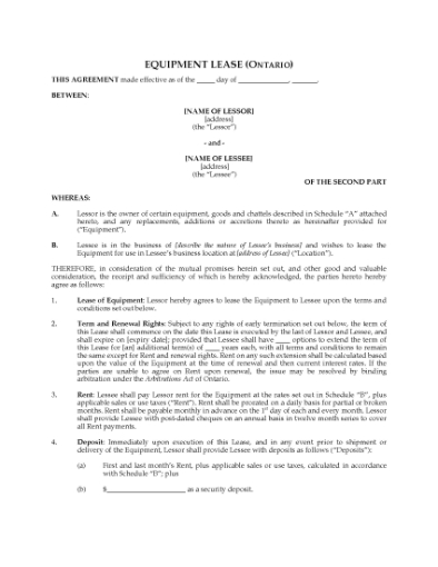 Picture of Ontario Equipment Lease Agreement