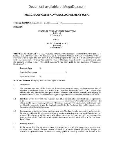 USA Merchant Cash Advance Agreement