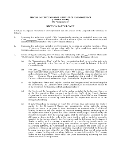 Picture of Ontario Section 86 Rollover Resolutions (Fixed Redemption Amount)