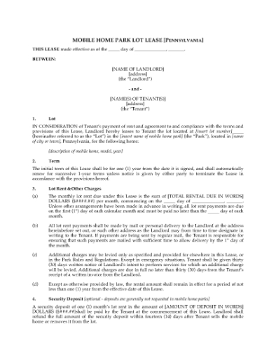 Picture of Pennsylvania Mobile Home Park Lot Lease