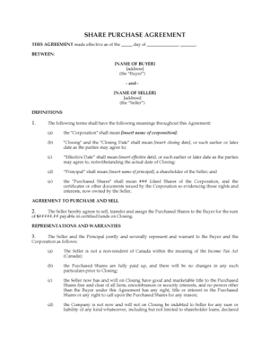 Picture of Ontario Share Purchase Agreement Between Equal Partners