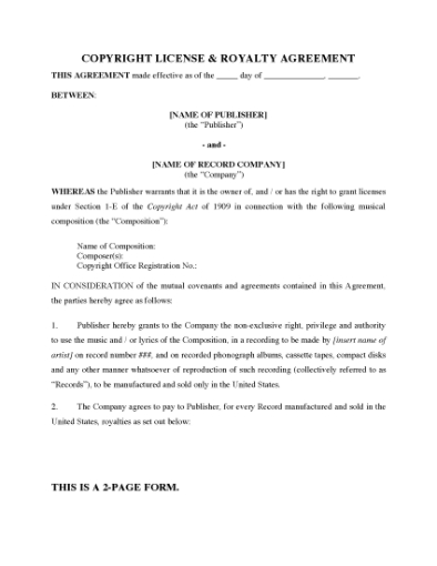 Picture of Music Copyright License and Royalty Agreement | USA