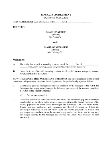 Royalty agreement between a musician and their manager for percentage royalties on sales of recordings