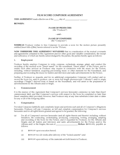 Picture of Film Score Composer Work-for-Hire Agreement