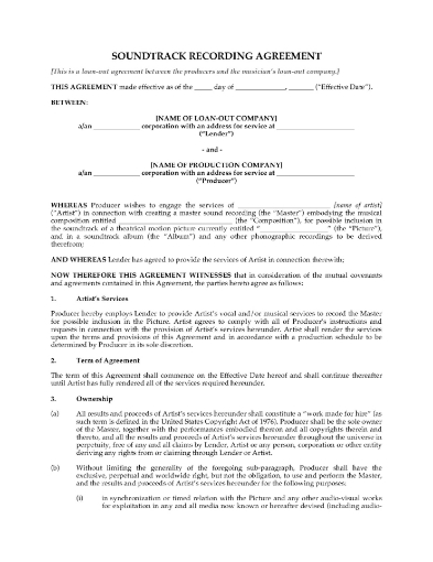 USA recording agreement for movie soundtrack