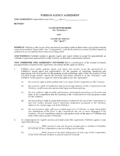 Music publishing foreign agency agreement