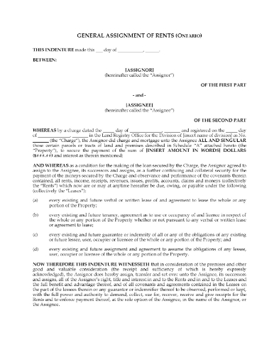 Ontario General Assignment of Rents