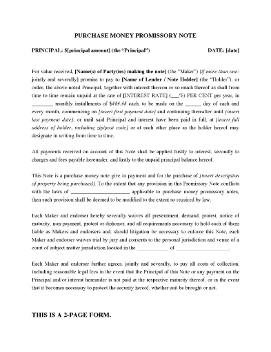 Purchase Money Promissory Note for Real Estate Purchase