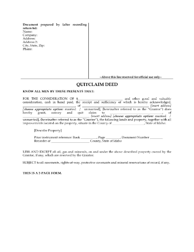 Idaho Quitclaim Deed Form