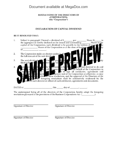 Canada Directors Resolution Declaring Capital Dividend