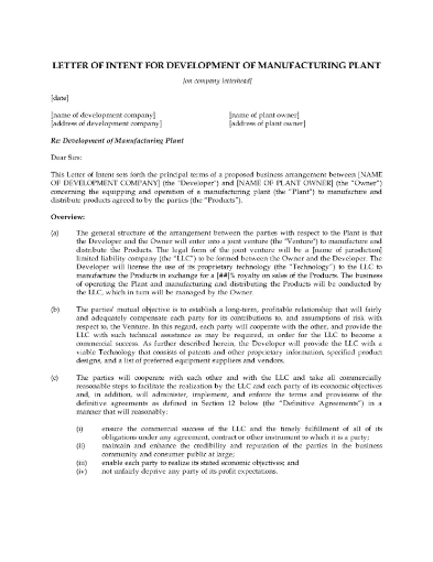Letter of Intent for Manufacturing Joint Venture