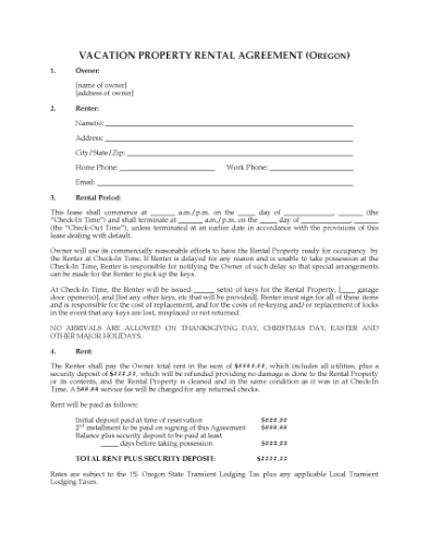 Picture of Oregon Vacation Property Short-Term Rental Agreement
