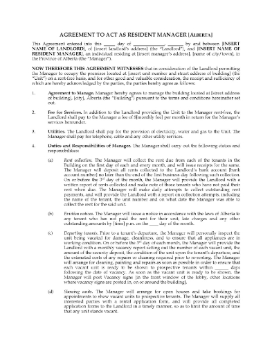 Alberta landlord agreement with building tenant to act as resident manager
