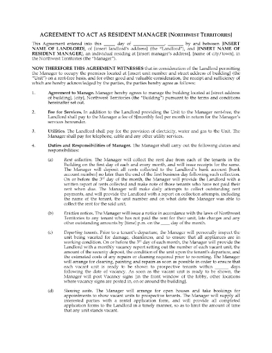 Northwest Territories Resident Manager Agreement between a landlord and a tenant in the building
