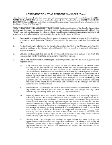 Texas Resident Manager Agreement between landlord and tenant who agrees to manage rental building