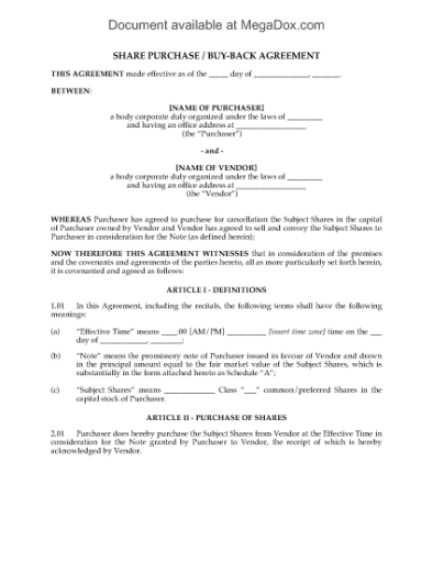 Picture of Share Repurchase / Buy-Back Agreement
