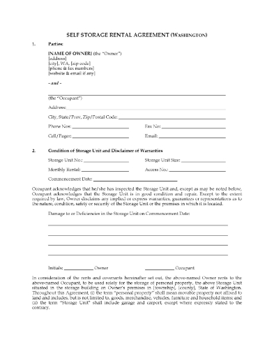 Washington Self Storage Rental Agreement