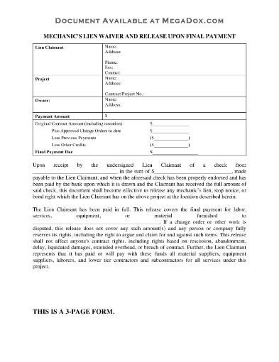 Oklahoma Mechanic's Lien Waiver and Release on Final Payment