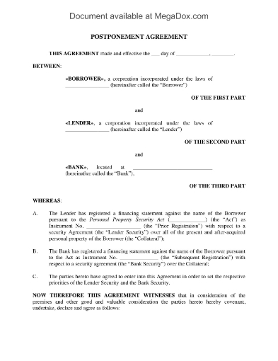 Canada Postponement Agreement under PPSA