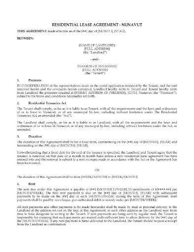 Nunavut Residential Tenancy Agreement