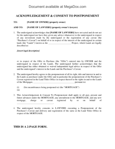 Picture of Alberta Purchaser's Consent to Postponement of Caveat