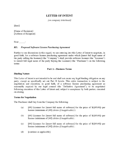 Letter of Intent to Purchase Software Licenses