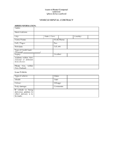 New Zealand Vehicle Rental Contract