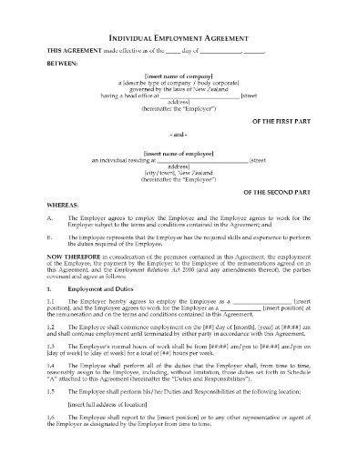Individual Employment Agreement for New Zealand employers