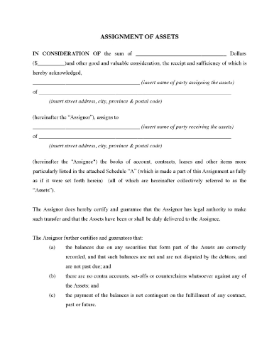 Assignment and transfer of assets of a business