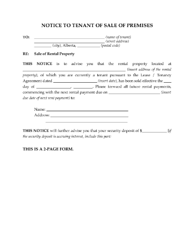 Notice to tenants in Alberta that the rental property they live in has been sold