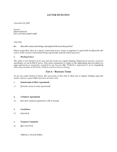 Canada Letter of Intent Template