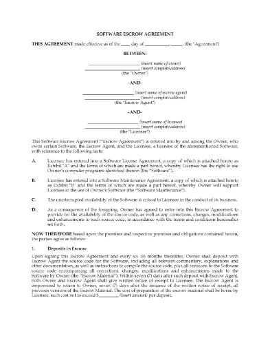 Canada Software Escrow Agreement