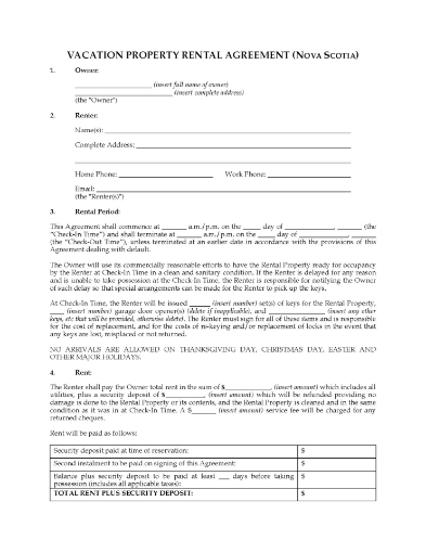 Nova Scotia Vacation Property Short-Term Rental Agreement