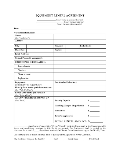Canada Small Equipment Rental Agreement